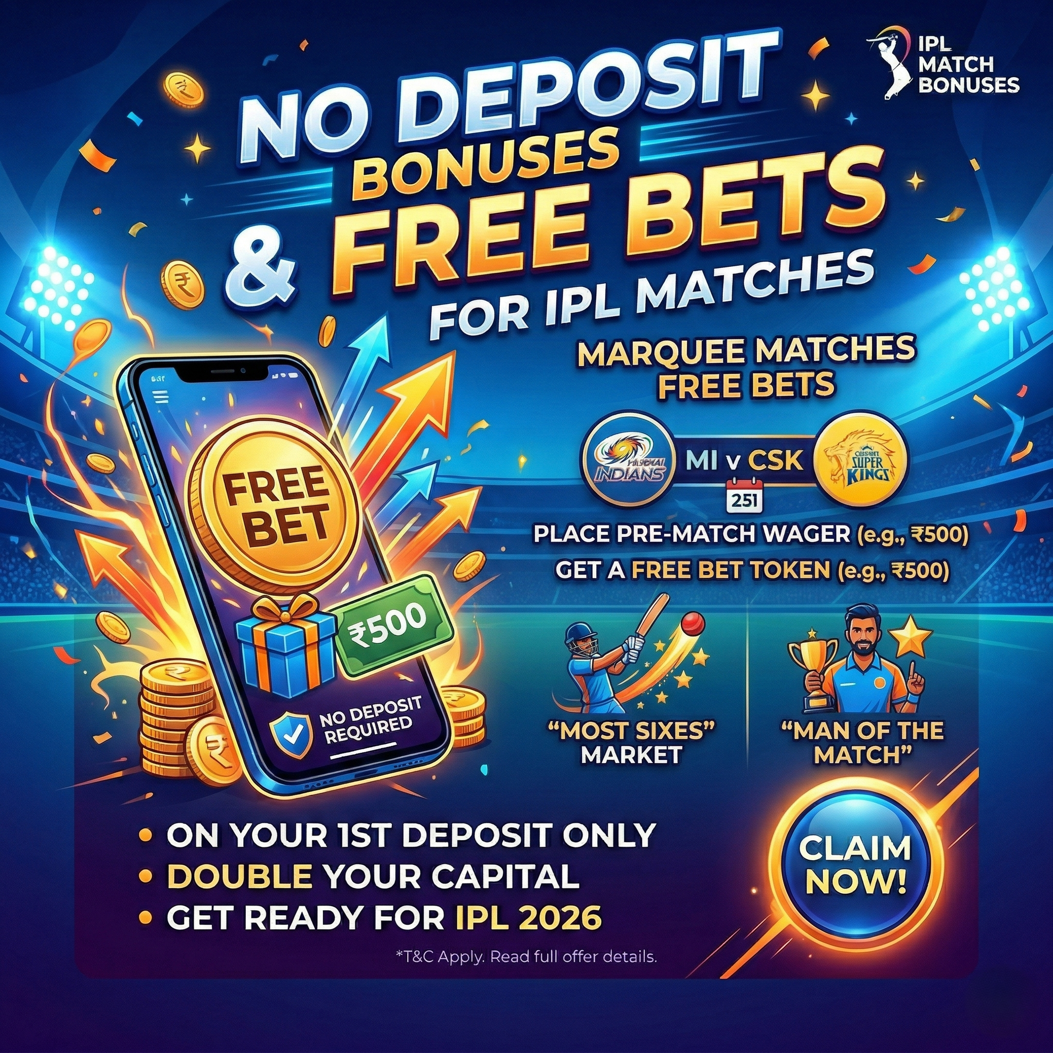 No deposit bonuses and free bets for IPL betting in 2026.